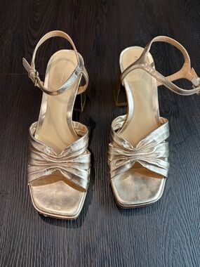 Reformation Maize Platform Metallic Gold Knotted Ankle-Strap Block Heels